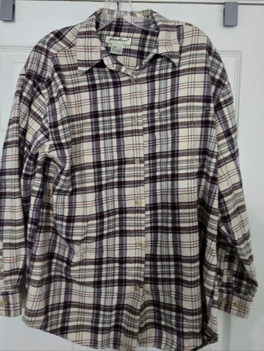 Eddie Bauer Womens Plaid Flannel Button Up Shirt Long Sleeve Cotton Beige L